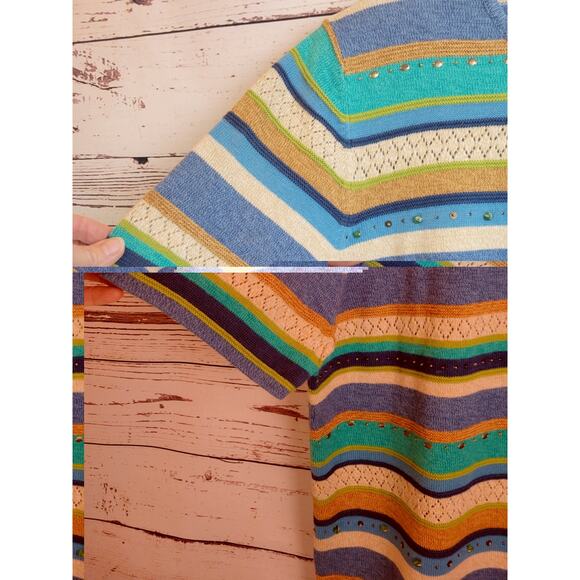 Alfred Dunner Short Sleeve Top Blue Tan Striped Embellished Knit Women's Size 1X - Picture 7 of 10